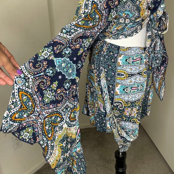 AELSON Women's Boho V Neck Paisley Print Flare Sleeves Romper Concert Sz XL - Picture 4 of 10